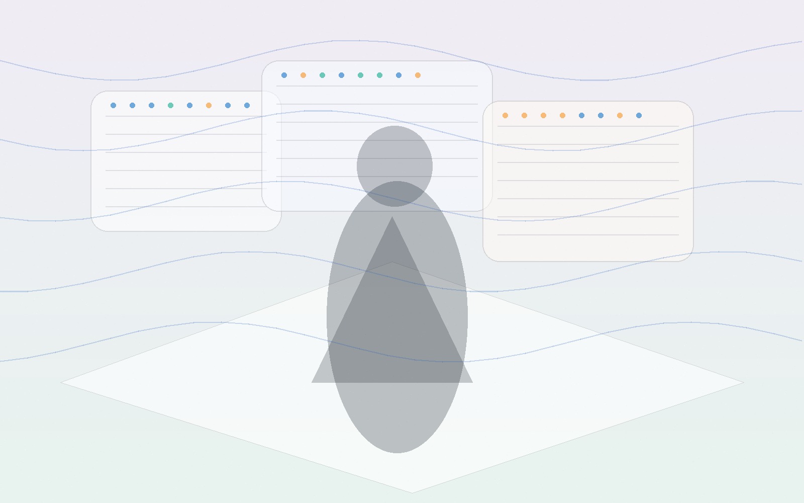 Escena abstracta de estudio operativo con pantallas y asistencia de IA para tareas internas